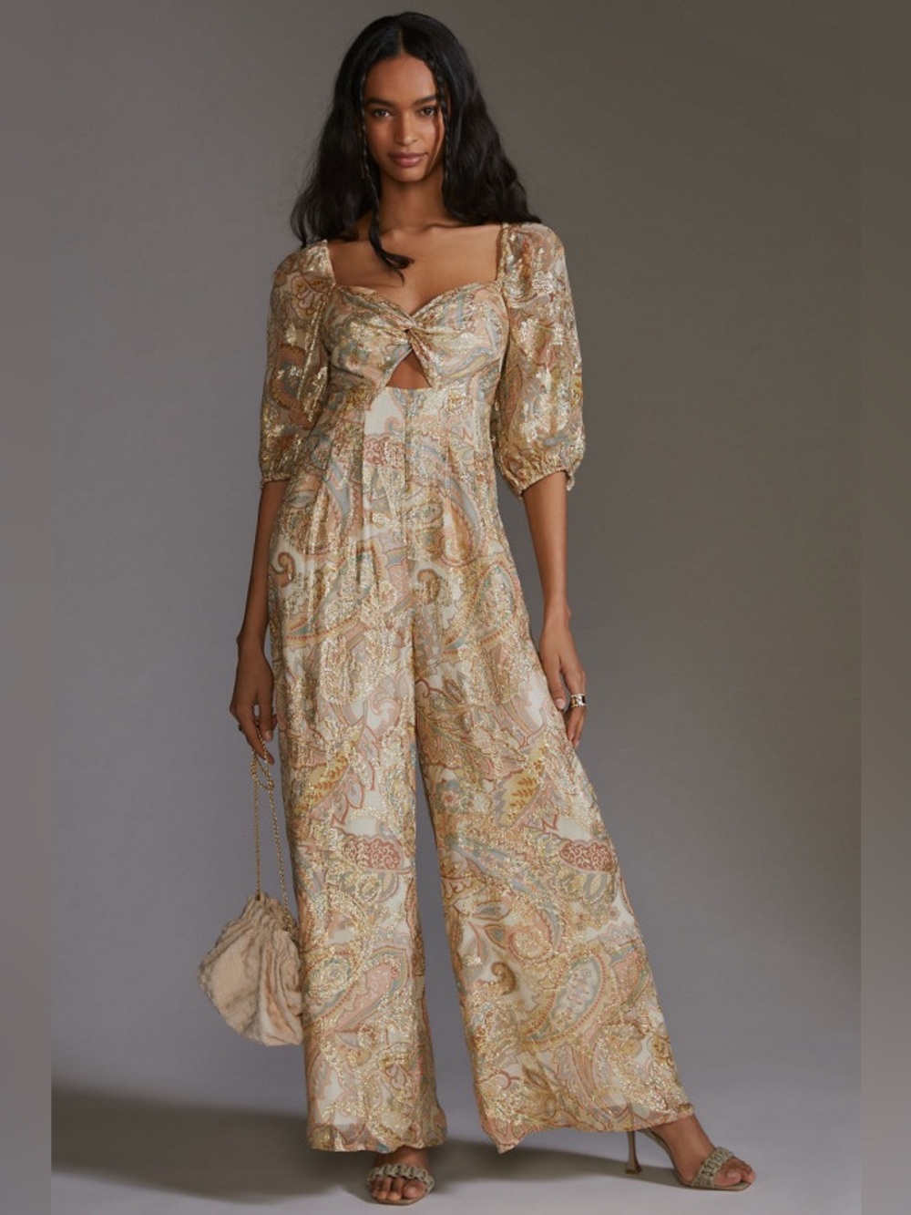 Anthropologie Cream Paisley Jumpsuit with Gold Shimmer